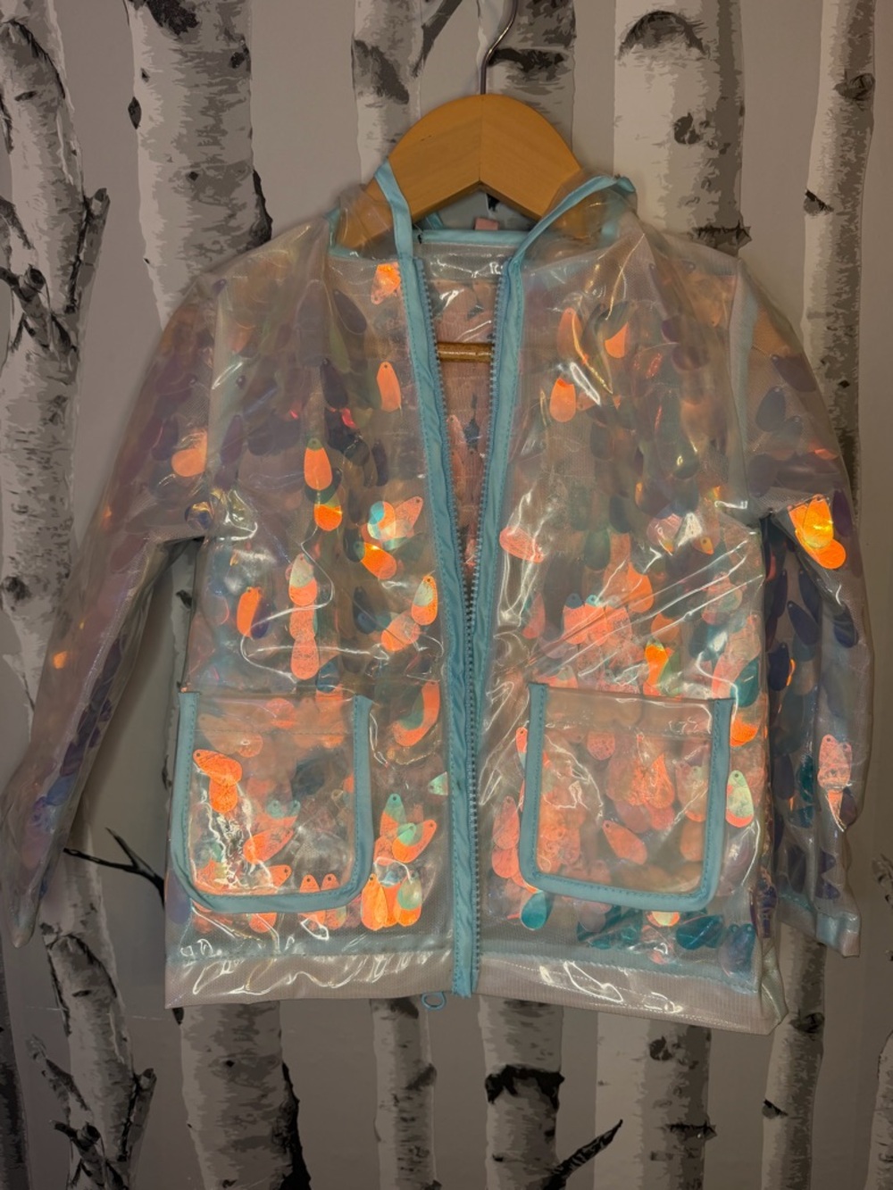 Iridescent Holographic Kids Rain Jacket - Blue Trim